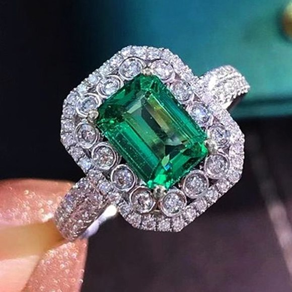 Classy Green Emerald Cut Vintage CZ Wedding Ring, FB16FA1060 - Picture 1 of 4